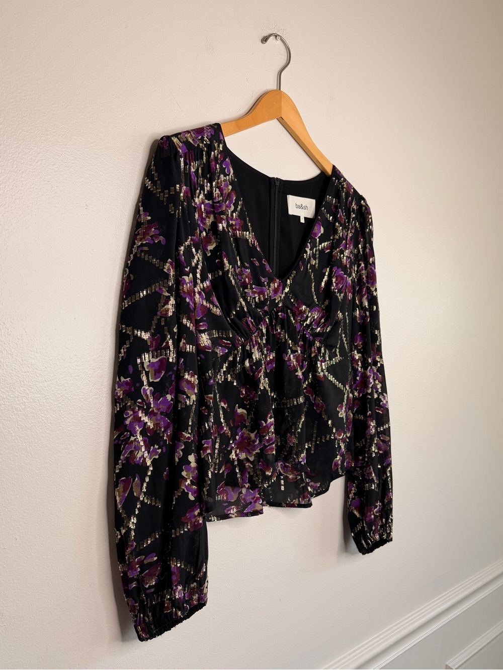 ba&sh Divine Silk Blend Gold Lurex Long Sleeved Peasant Top in Noir US Size 4 - Picture 9 of 15